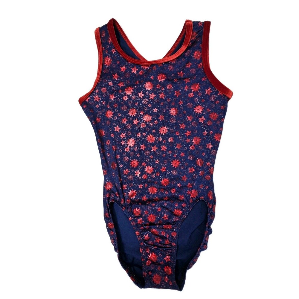GK Elite VTG Foiled Star Spangled Navy Red Keyhole Tank Leotard Vneck Size AL - Picture 4 of 12